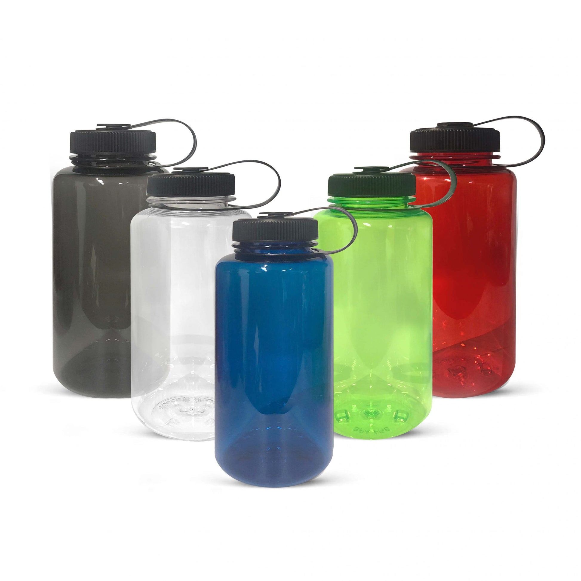 Display of 5 1L water bottles in black, clear, blue, green and red colour