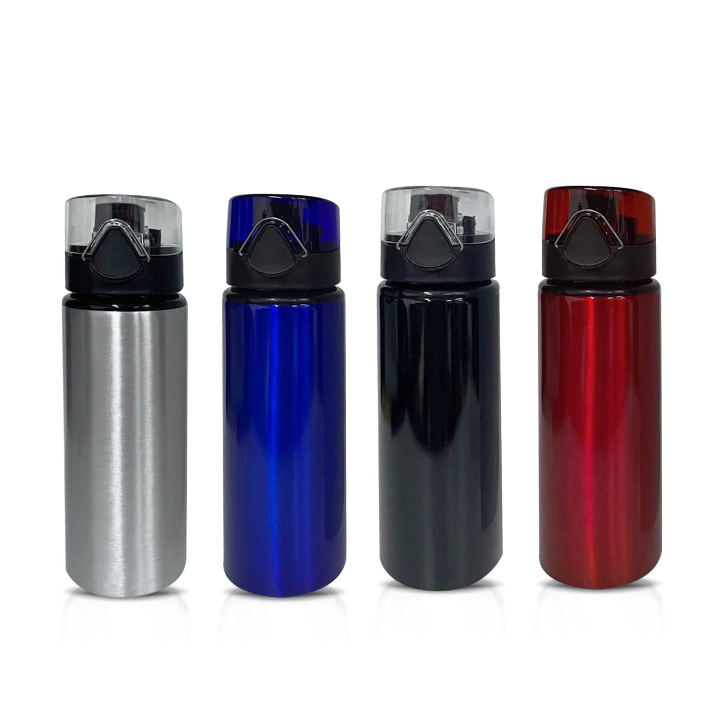 Custom aluminum water bottle in blue, red, black, and silver, perfect for corporate gifts