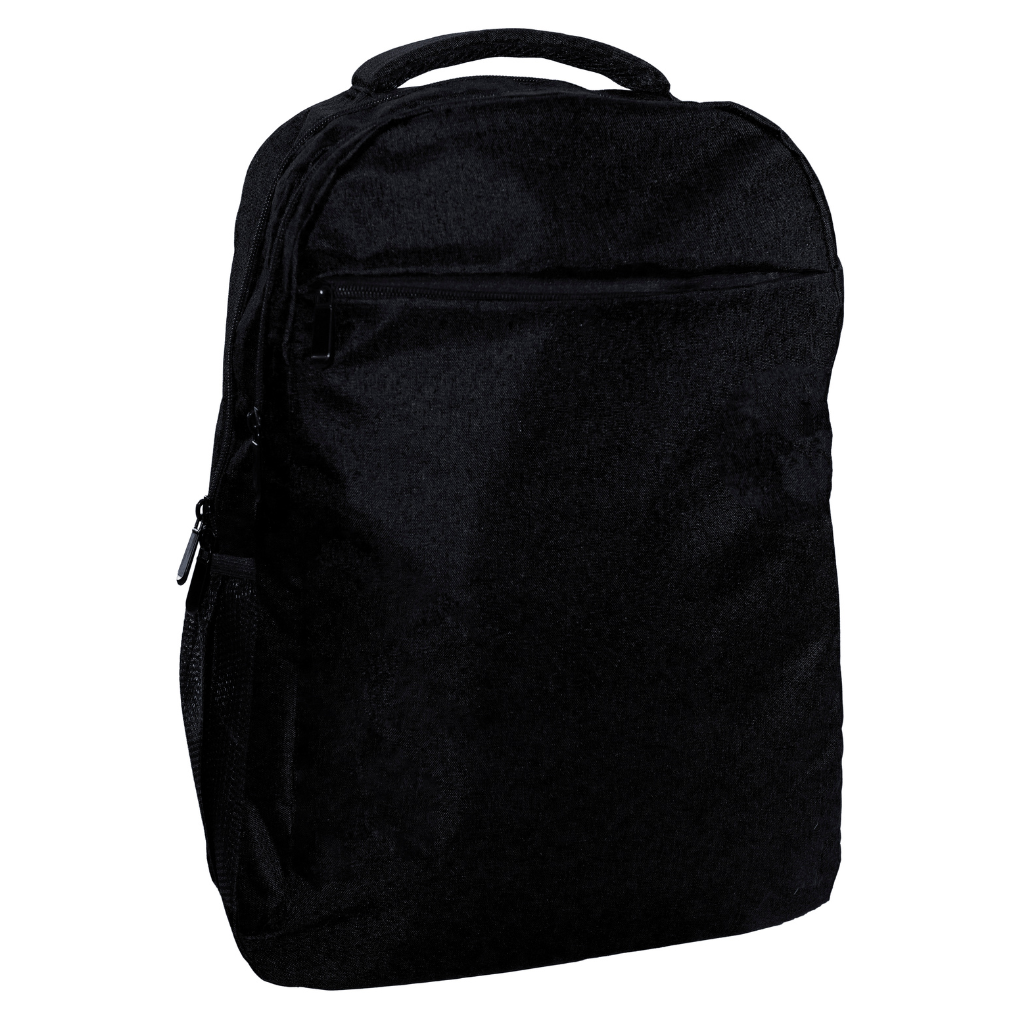 A versatile black backpack ready for customization, ideal for corporate gifts and promotional branding.