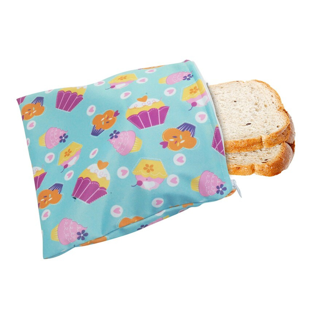 Promote your brand with custom printed reusable sandwich bags. Fun cupcake pattern, ideal for school lunches and corporate gifts.