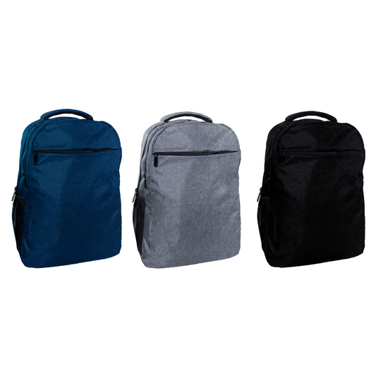 Laptop backpacks in blue, grey, and black, available for bulk orders and customization for corporate gifts and events.