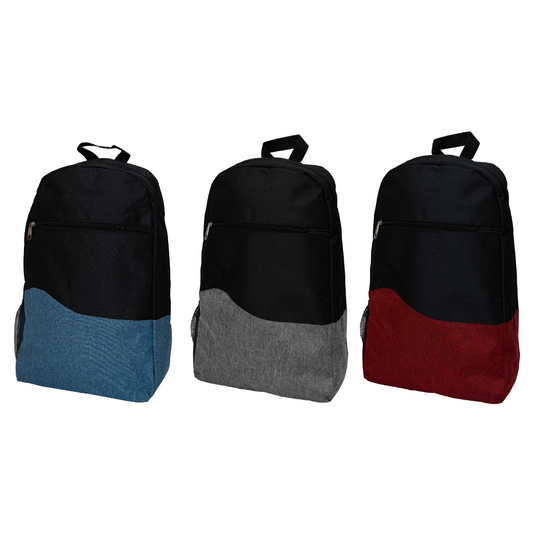 Three customizable backpacks in black with different bottom panel colors: blue, grey, and red. Ideal for corporate gifts and personalized merchandise.