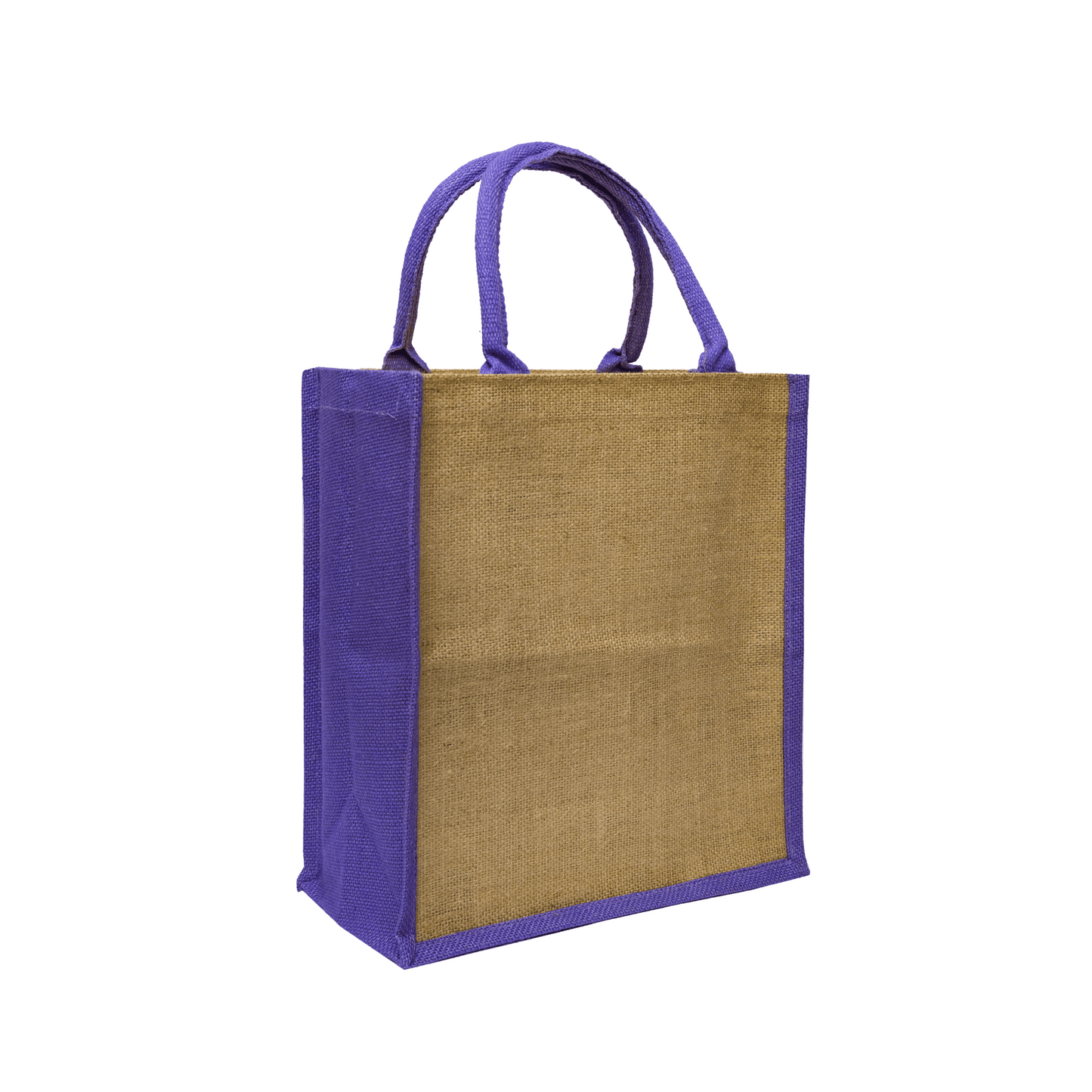 Eco-friendly jute bag with purple trim, a sustainable and stylish choice for promotional giveaways and corporate gifts.