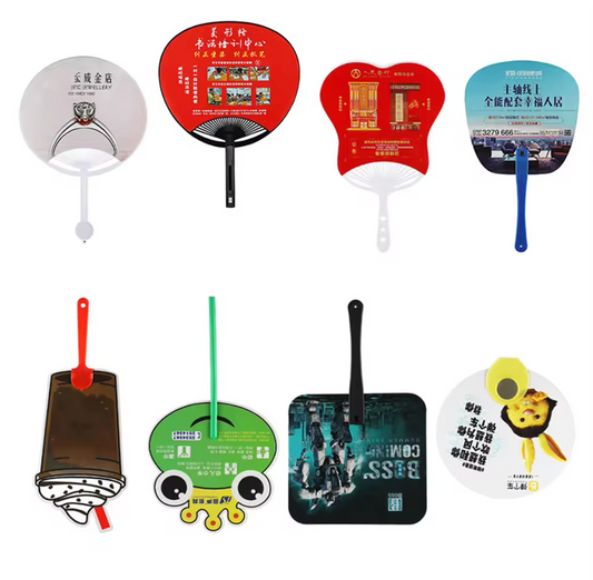 Display of multiple plastic handheld fan in various shapes and logo print