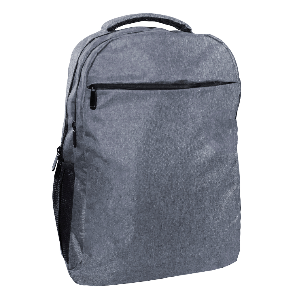 Durable gray laptop backpack, perfect for daily commutes and travel. Includes padded laptop compartment and multiple storage options. Ideal for high-quality corporate merchandise.