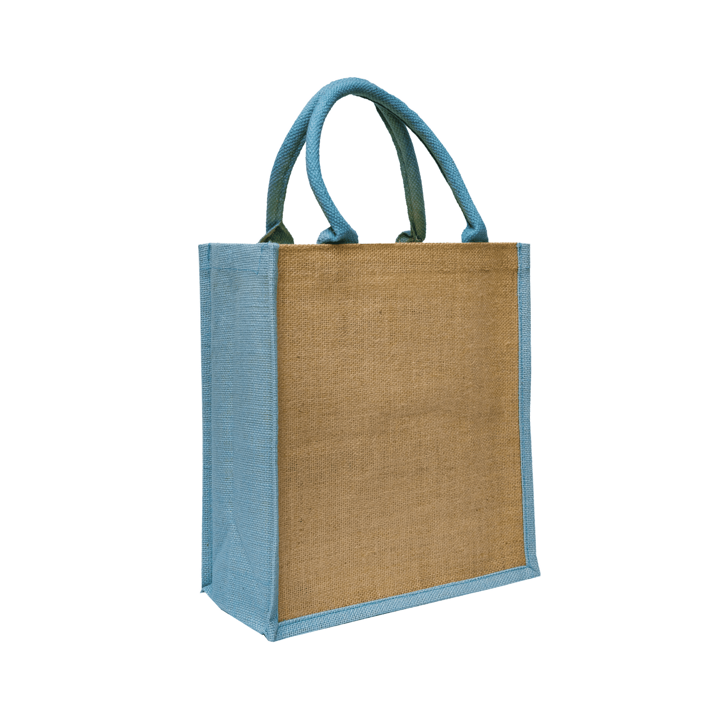 Eco-friendly jute bag with light blue trim, a sustainable and stylish choice for promotional giveaways and corporate gifts.