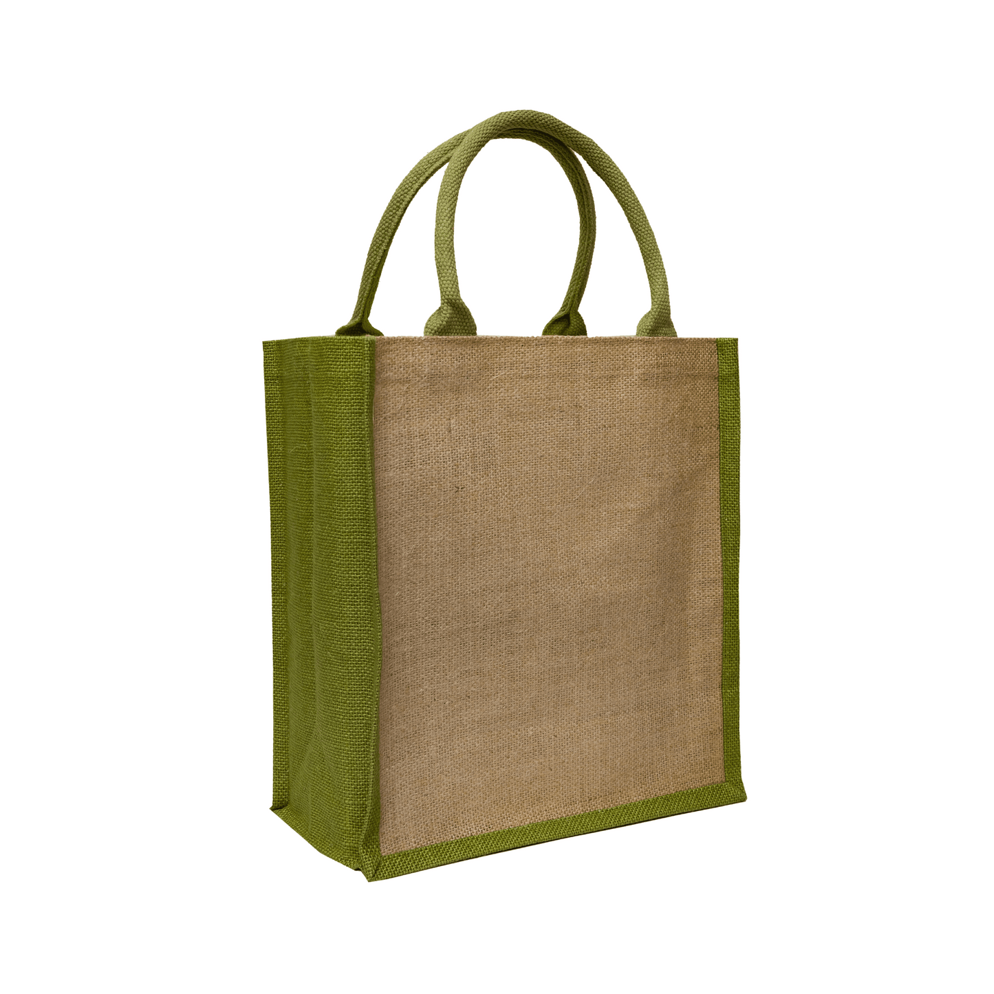 Natural jute bag with earthy green trim and handles, ideal for custom corporate gifts and promotional swag.