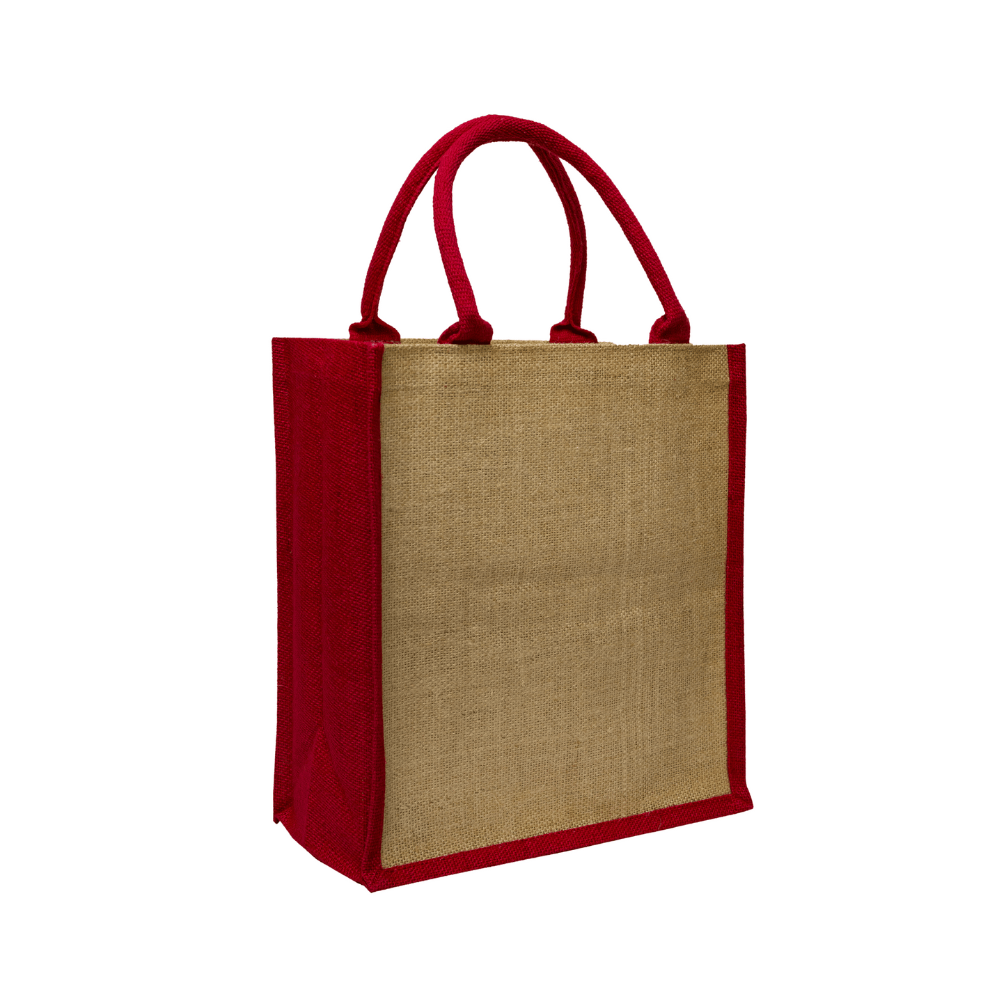 Natural jute bag with vibrant red trim and handles, ideal for custom corporate gifts and promotional swag.