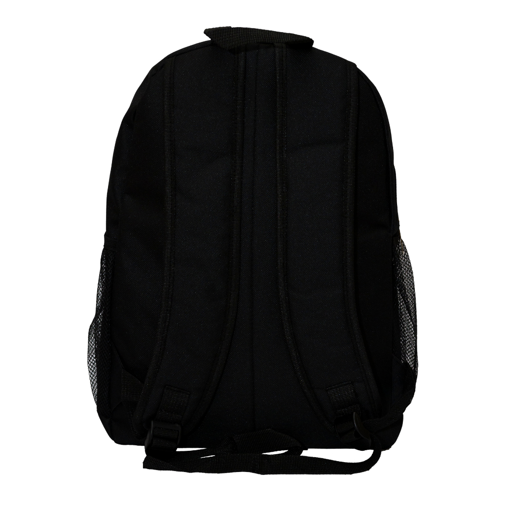 Back view of a navy blue backpack illustrating back support with padded straps and mesh. Demonstrates practicality and comfort for everyday use as a corporate gift.