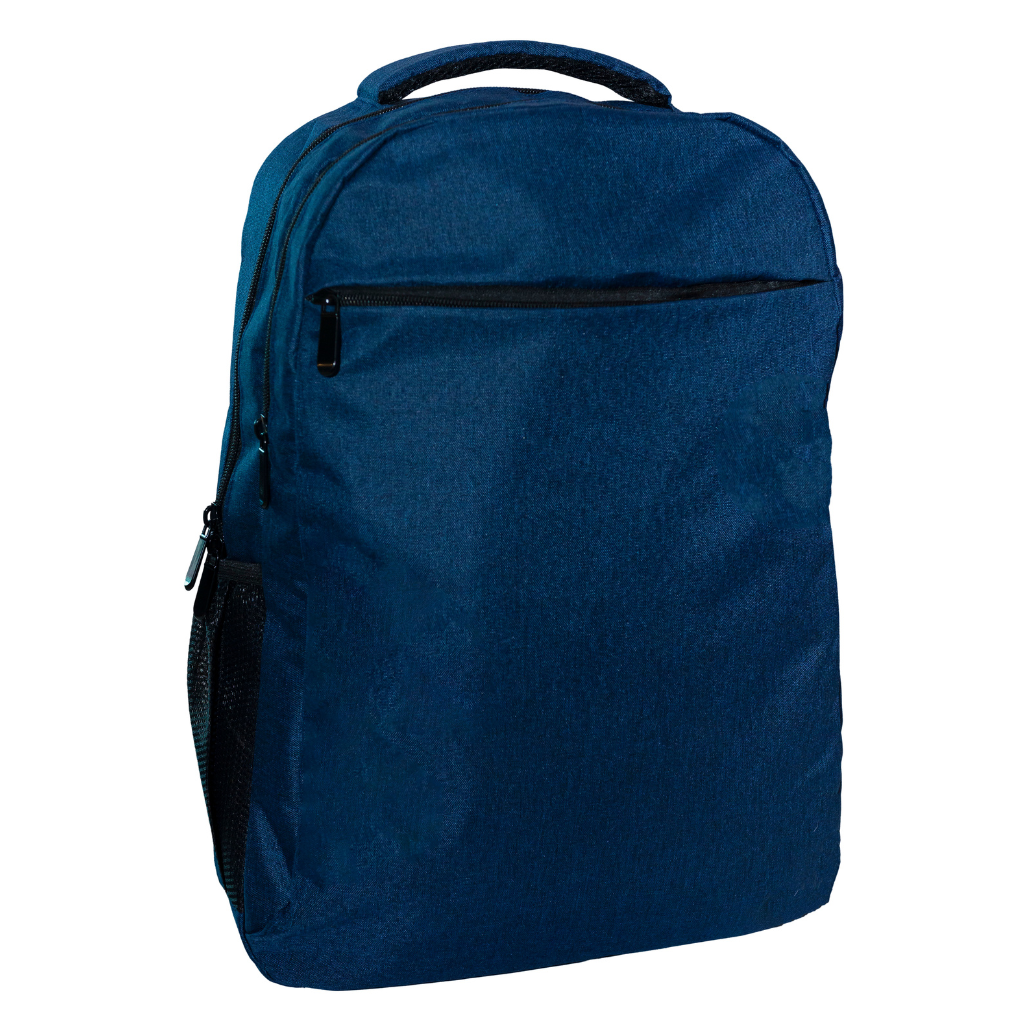 Navy blue backpack, a versatile corporate gift. Features zipper pockets and side mesh pocket. Perfect for branding and customization.