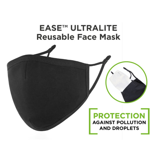 Customizable EASE™ ULTRALITE Reusable Kids Face Mask in black. Perfect for branded corporate gifts and promotional swag. Shown with filter insert.