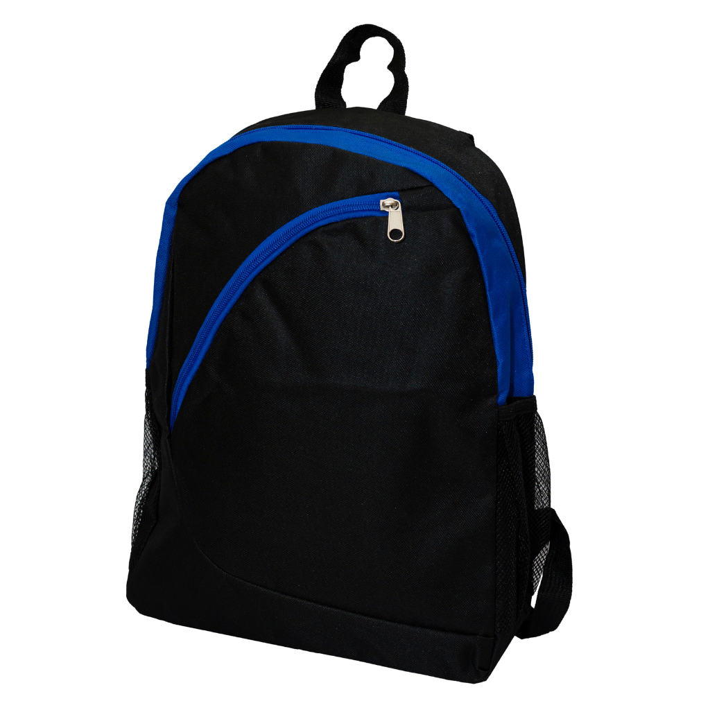 Black backpack with blue accents, suitable for custom branding and corporate gifts.