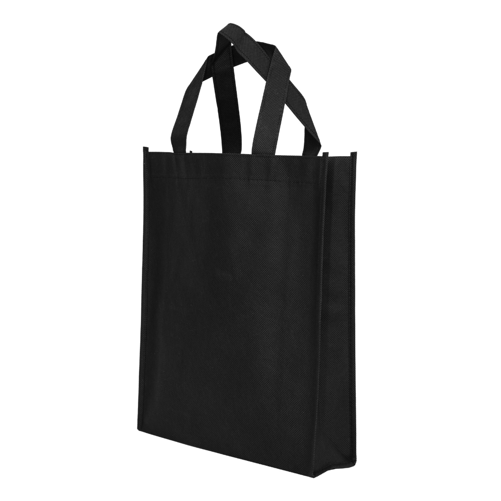 Black non-woven tote bag ready for custom printing. Design your personalized bag with your logo or artwork.