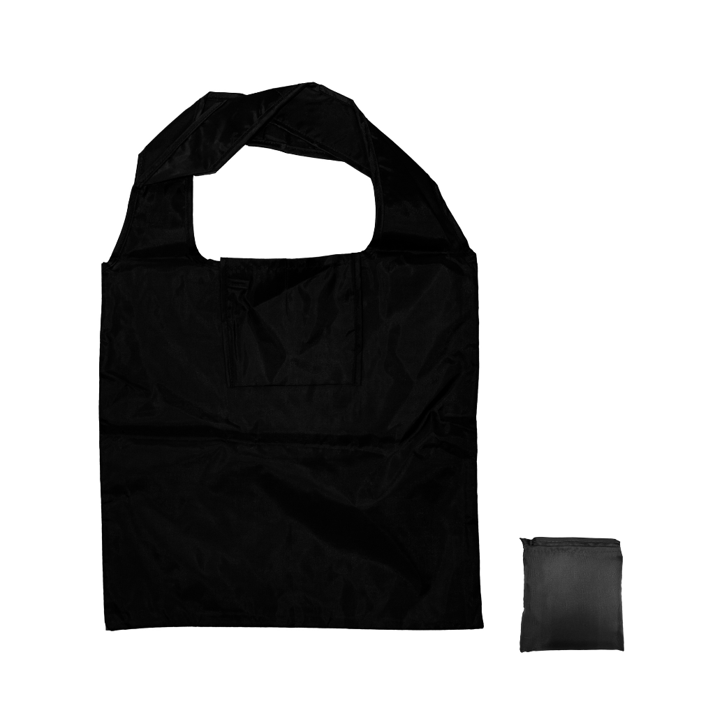 Black foldable tote bag, perfect for custom logo printing. Shown both expanded and folded to highlight its versatility for promotional merchandise.