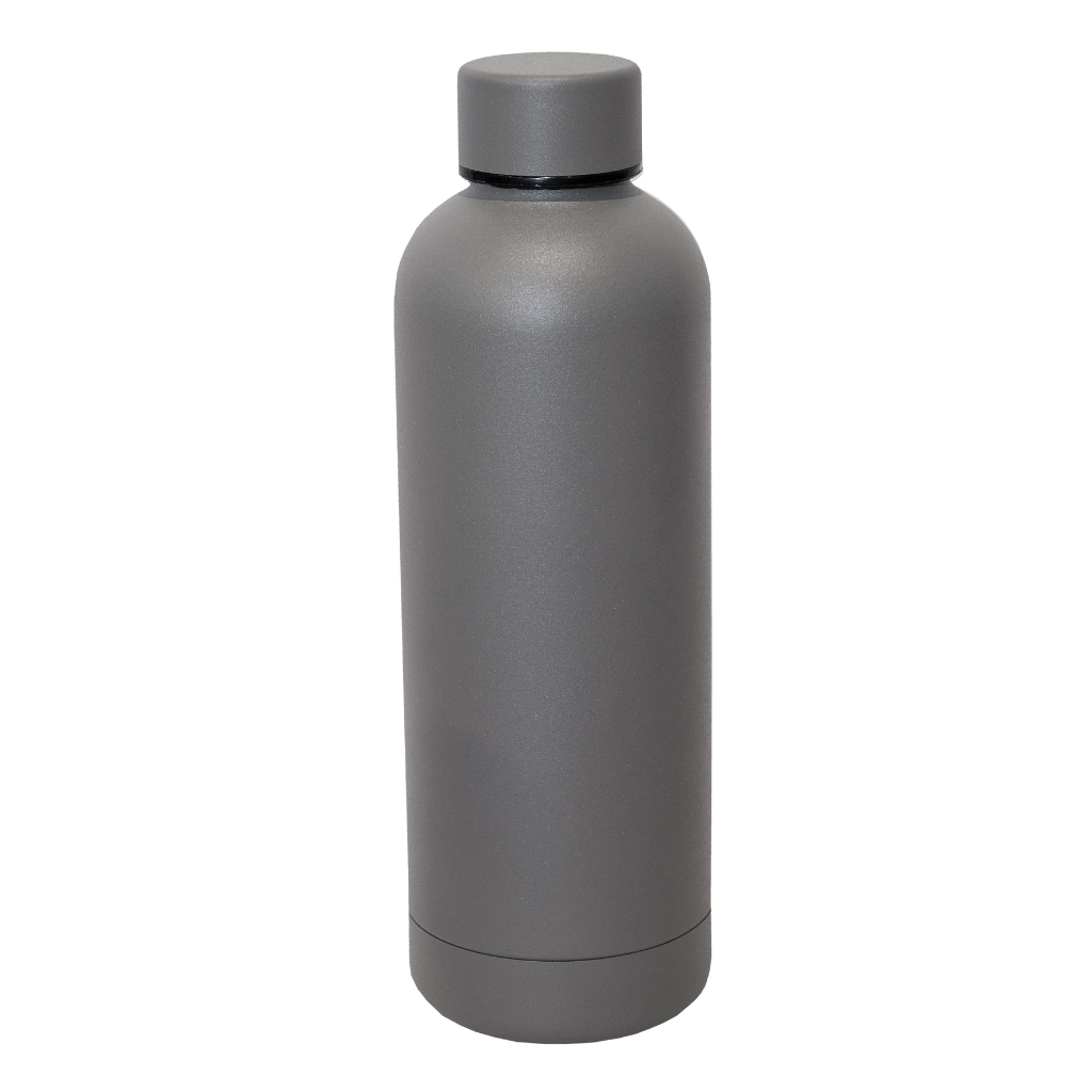 Corporate gifts featuring grey stainless steel flasks, personalised with your logo