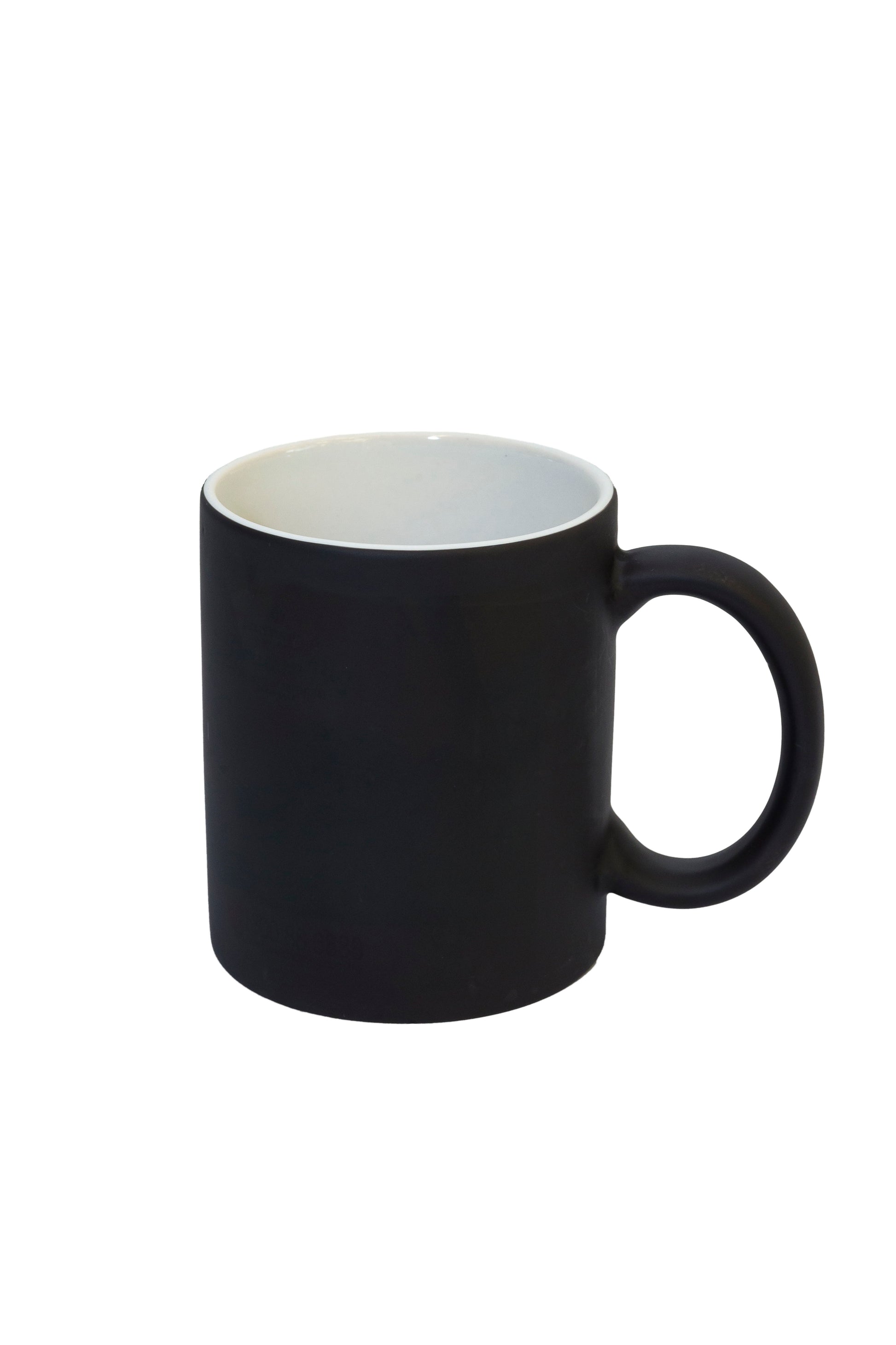 Corporate gift mug with a sleek black exterior and white interior