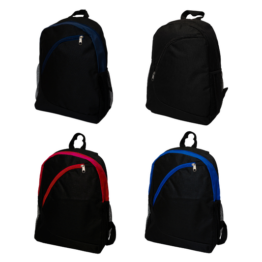 Four custom promotional backpacks in various colors, perfect for corporate gifts or employee giveaways.