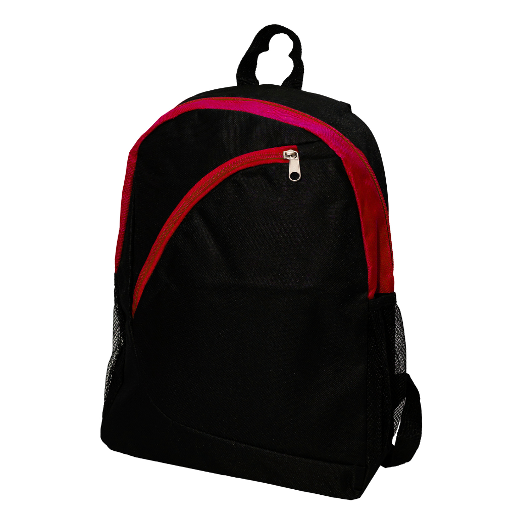 Customisable backpack with black and red details, ideal for branded corporate gifts and promotional items.