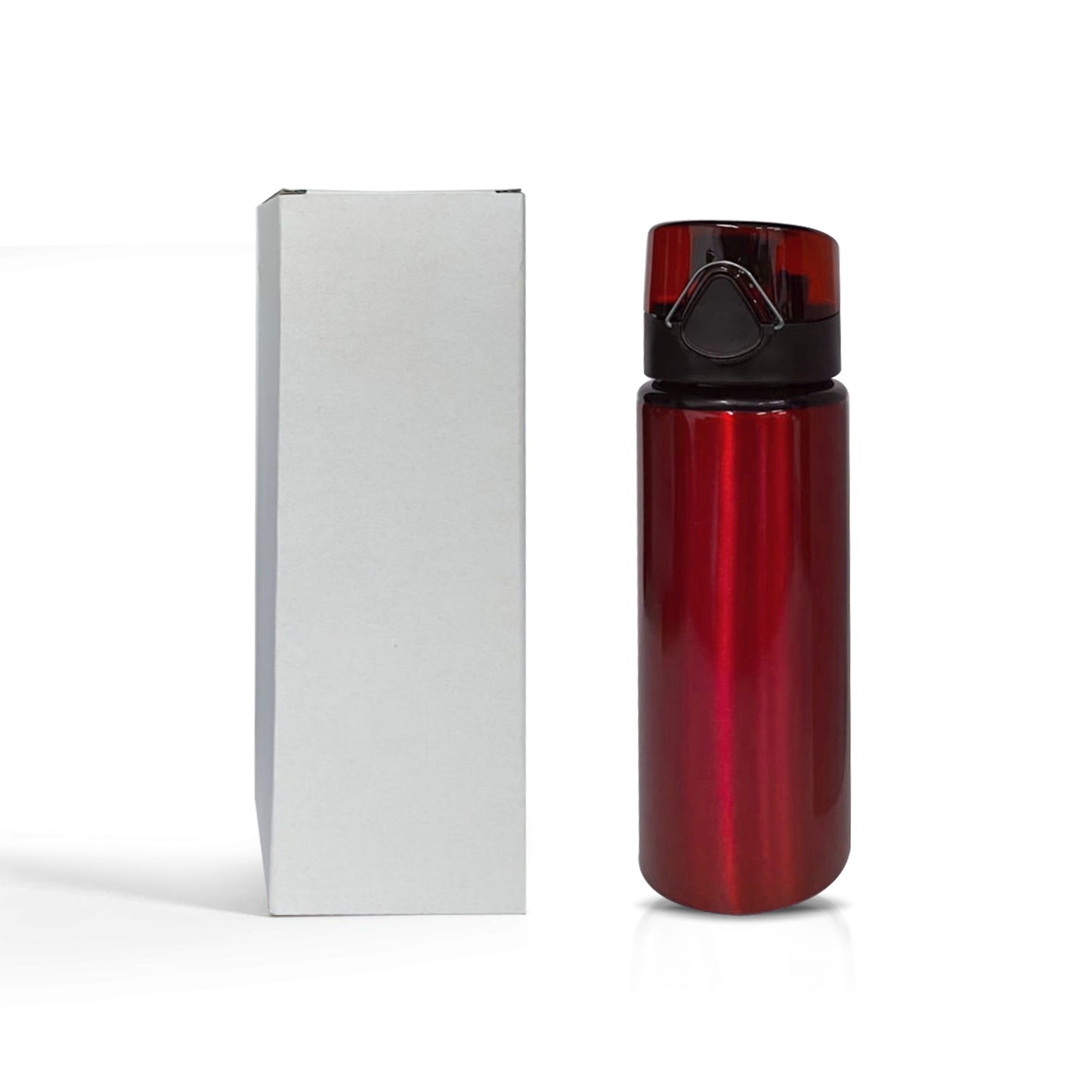 700ml aluminum water bottle in red with white box packaging, customizable for corporate branding