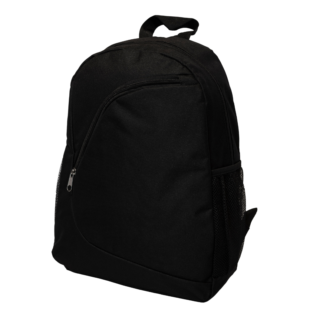 Customizable all-black backpack, perfect for corporate gifts and employee giveaways.