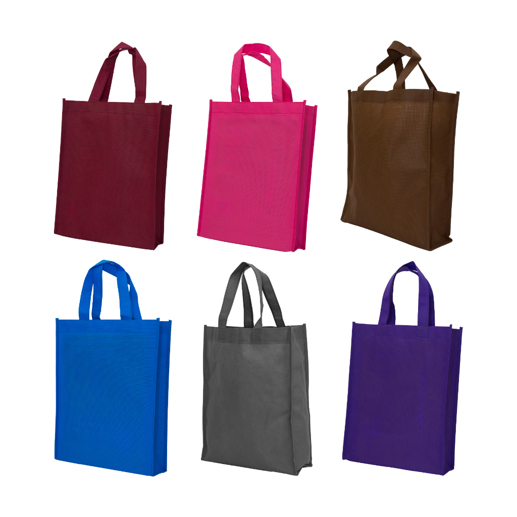 Variety of customizable non-woven tote bags in different colors. Add your logo for personalized promotional items.