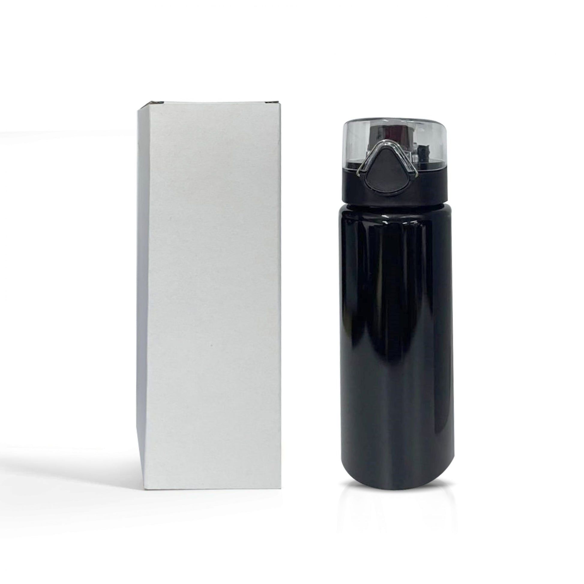 black aluminum water bottle in a white box, perfect for custom branding