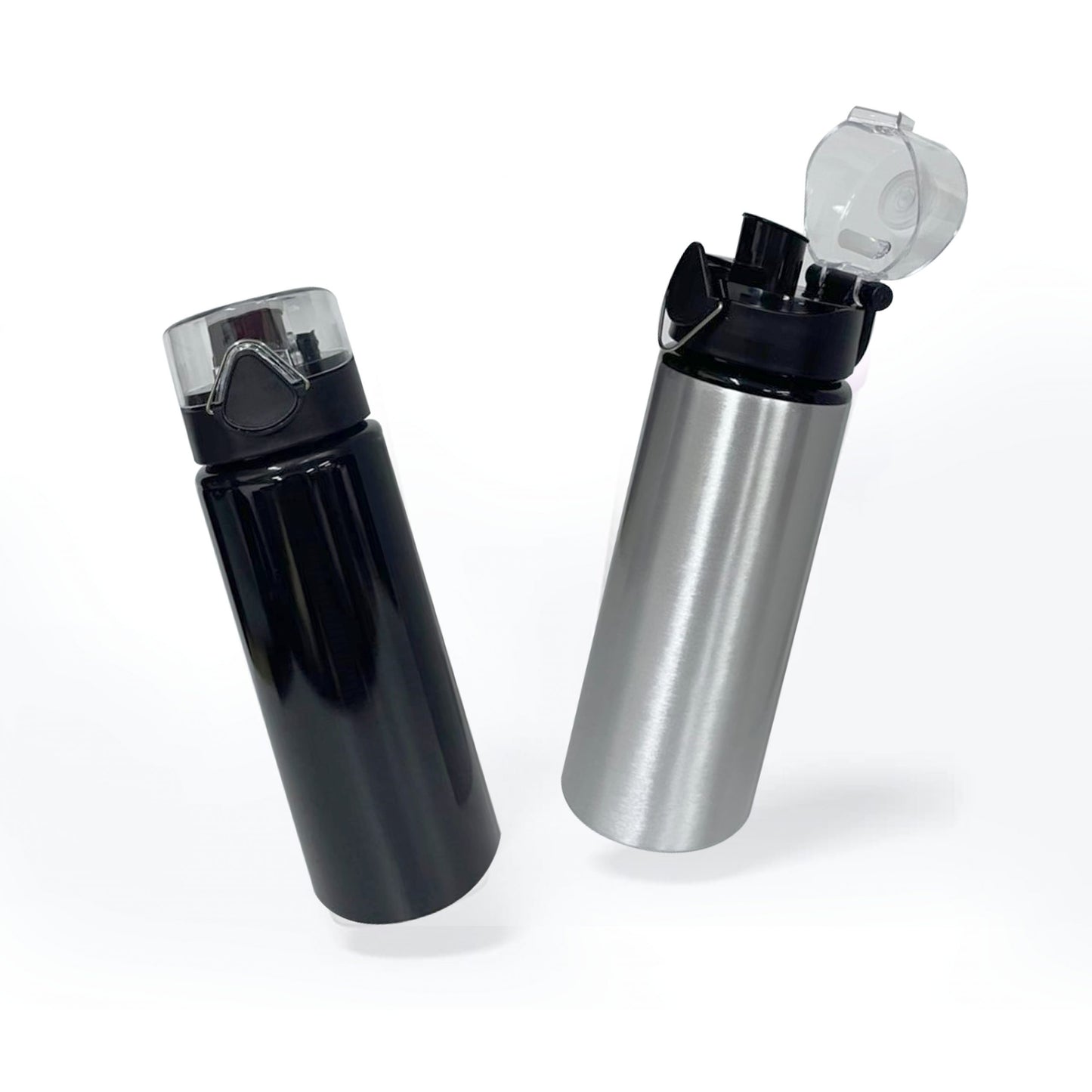 700ml reusable aluminum water bottle in silver and black finishes