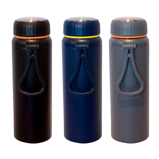 Three customisable stainless steel water bottles with logos print, perfect for corporate gifts