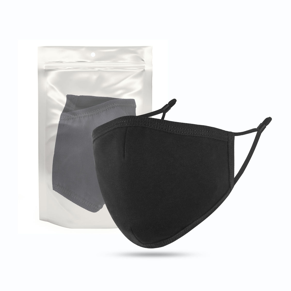 Customizable black kids' face mask in individual sealed packaging. Perfect for branded corporate gifts and giveaways.